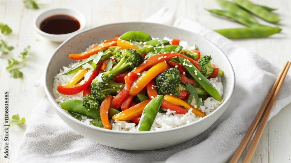 A vibrant veggie stir-fry with bell peppers, snap peas, broccoli A vibrant veggie stir-fry with bell peppers, snap peas, broccoli