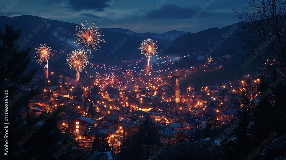 Scenic Mountain Village Illuminated by Fireworks Celebrating New Year’s Eve Scenic Mountain Village Illuminated by Fireworks Celebrating New Year’s Eve