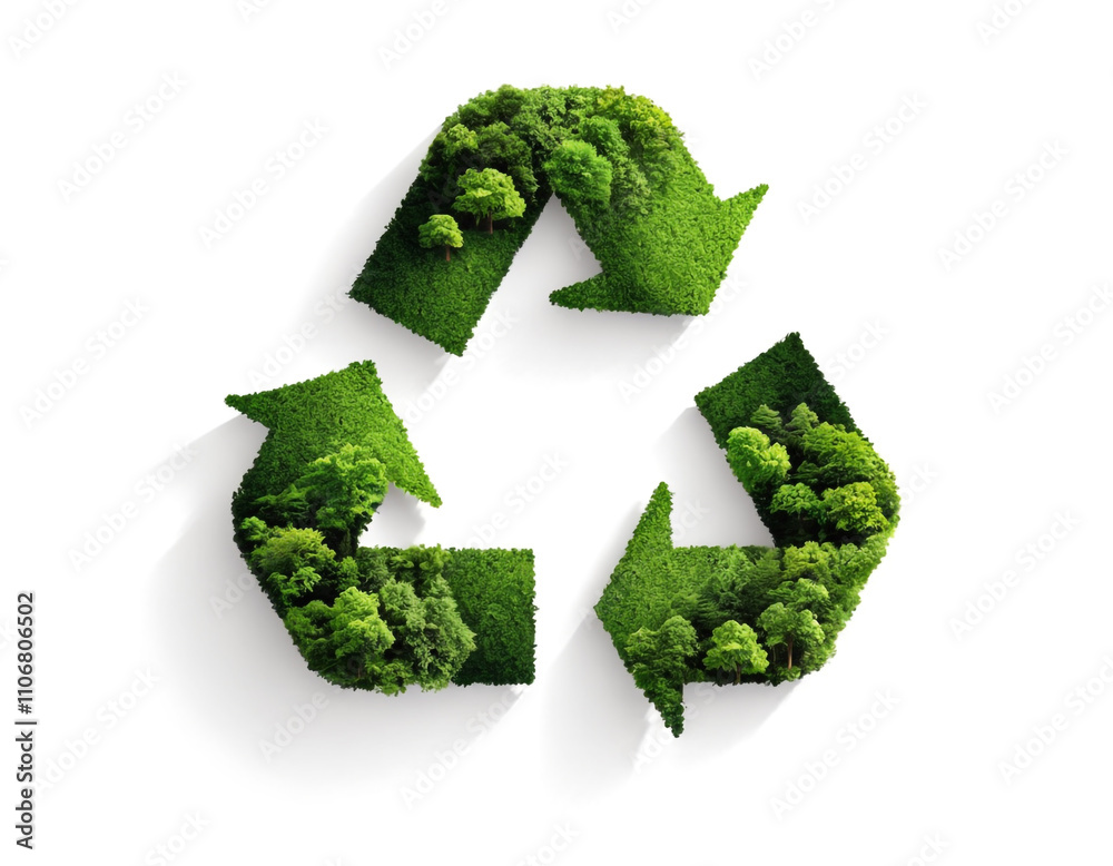 Eco-Friendly Recycling Symbol with Greenery and Leaves on a Clean White Background. Eco-Friendly Recycling Symbol with Greenery and Leaves on a Clean White Background.