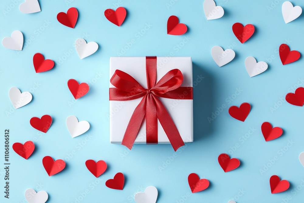 Minimalistic Gift Box with Red Ribbon and Heart Cutouts on Light Blue Background for Valentine or Mother's Day Celebration Minimalistic Gift Box with Red Ribbon and Heart Cutouts on Light Blue Background for Valentine or Mother's Day Celebration