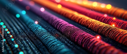 Vibrant abstract digital strands illuminated with multicolored lights showcasing the beauty of technology.
