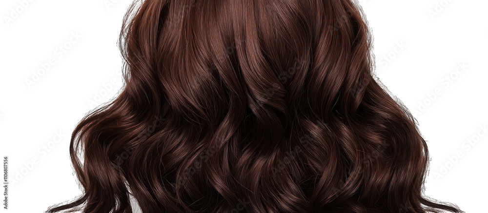 Elegant curly brown wig displayed against a white backdrop, highlighting its chic design. Elegant curly brown wig displayed against a white backdrop, highlighting its chic design.