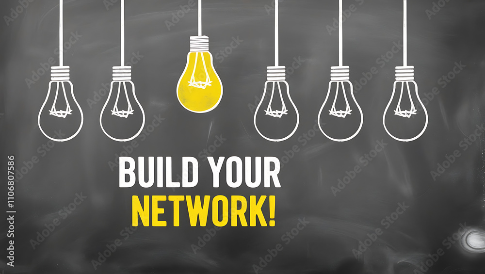 Chalkboard Style Design with Light Bulb Outlines and 'BUILD YOUR NETWORK!' Motivational Text, network growth, building network, network connectivity, digital network, team building Chalkboard Style Design with Light Bulb Outlines and 'BUILD YOUR NETWORK!' Motivational Text, network growth, building network, network connectivity, digital network, team building