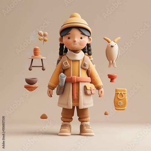 A 3D cartoon anthropology researcher stands confidently, surrounded by floating cultural artifacts. Dressed in a warm earth tone outfit, she embodies a spirit of exploration and discovery