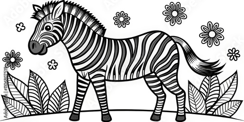 Creative Zebra Coloring Book Page for Kids - Black and White Outline Illustration of Zoo Animals, Fun and Engaging Art for Childrenâ€™s Activity and Learning photo