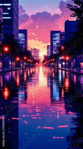 Vibrant city skyline reflecting on a tranquil waterway during sunset with colorful lights shining brightly