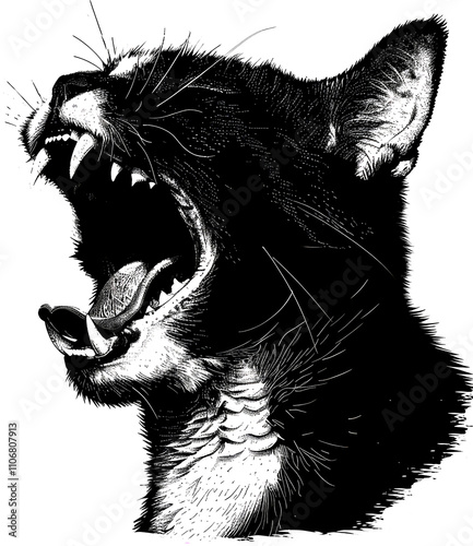 Gothic cat halftone bitmap collage element on transparent background, Wild feline grunge-style collage, Vampire cat with sharp fangs magazine clipping isolated clipping path