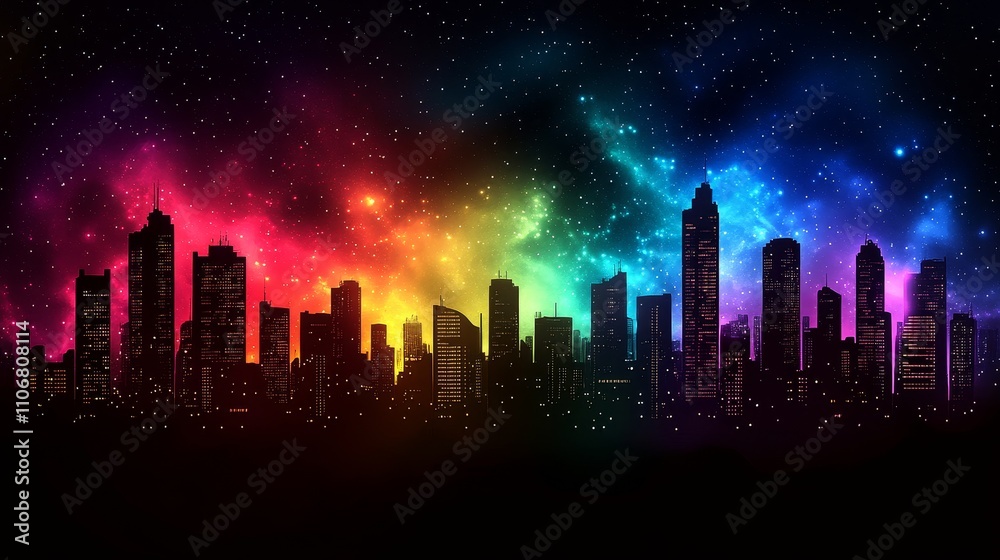 A City Skyline Silhouetted Against a Vibrant, Starry Night Sky A City Skyline Silhouetted Against a Vibrant, Starry Night Sky