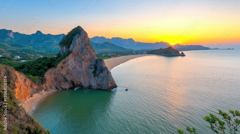 Stunning Sunset over Tropical Island Beach Thailand Aerial View