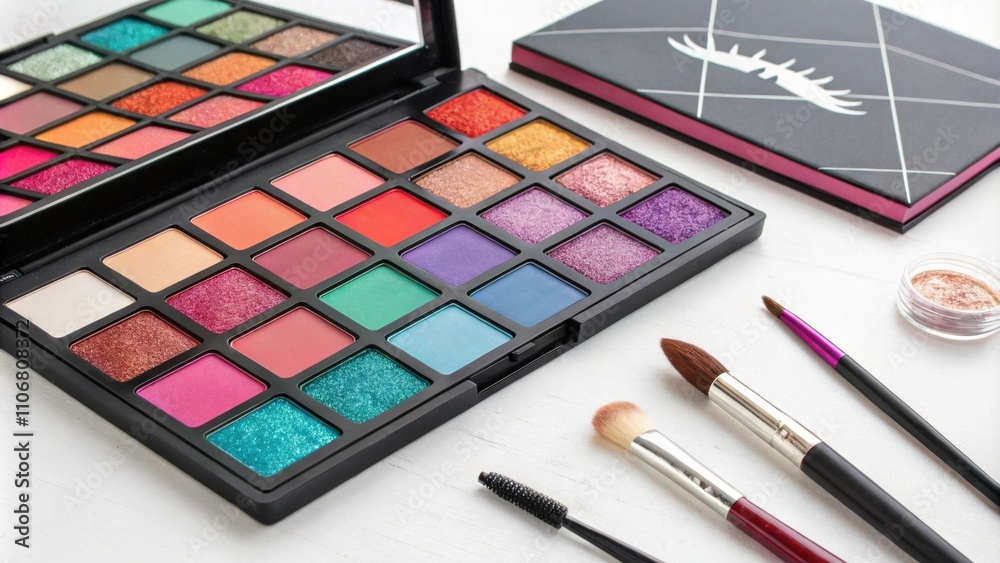 A vibrant makeup palette lying open revealing an array of bold colors glittering glimmers and soft pastels awaiting creativity. A vibrant makeup palette lying open revealing an array of bold colors glittering glimmers and soft pastels awaiting creativity.