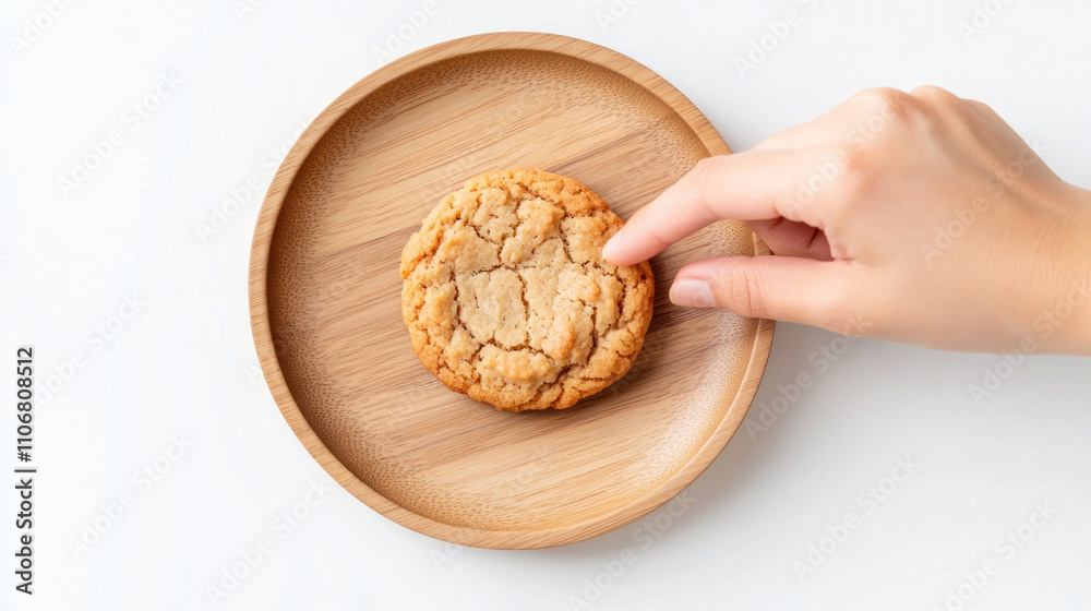 A hand grabbing a cookie from a wooden plate, food festive event A hand grabbing a cookie from a wooden plate, food festive event