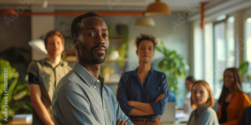 Confident African American male leader in modern office with diverse team photo