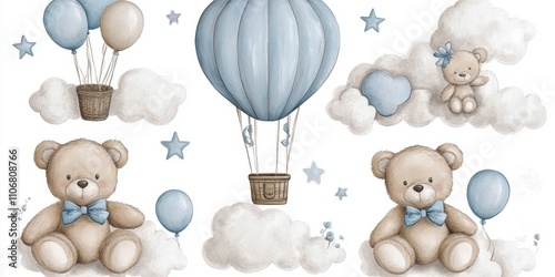 Cute Teddy Bear Artwork with Hot Air Balloon, Balloons, Clouds, Moon, Stars for Baby Shower Invitation