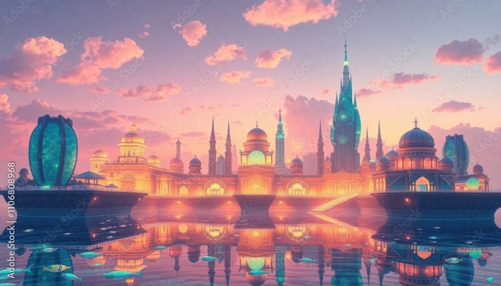 Fototapeta premium Majestic buildings on the water with sunset and clouds in the background