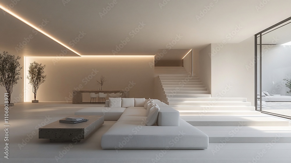 Fototapeta premium Modern, minimalist living room with a white sectional sofa, wooden coffee table, and a stairway leading to an outdoor patio.