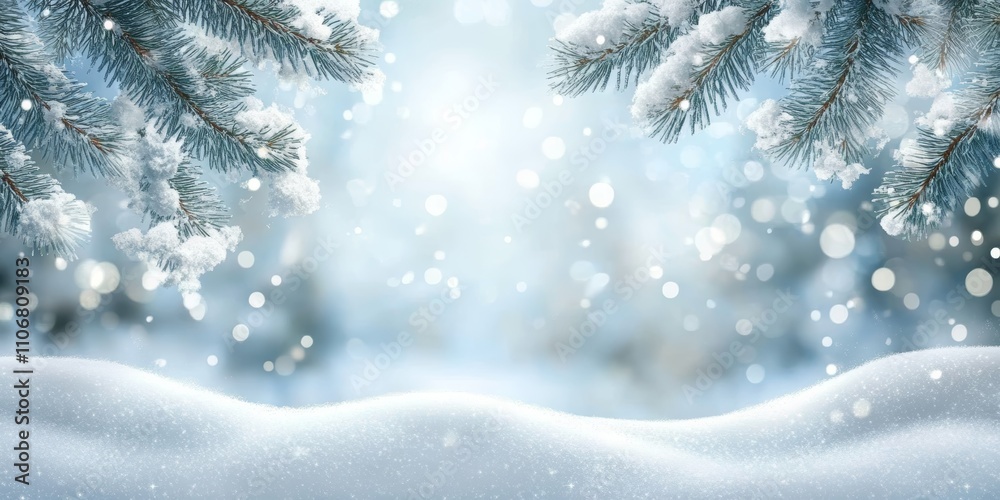 Winter Snow Scene with Frosted Pine Branches Bokeh Christmas Lights Background