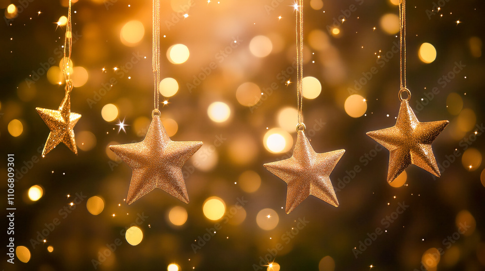 Fototapeta premium Golden Star Decorations with Glowing Bokeh Background for Festive Celebration