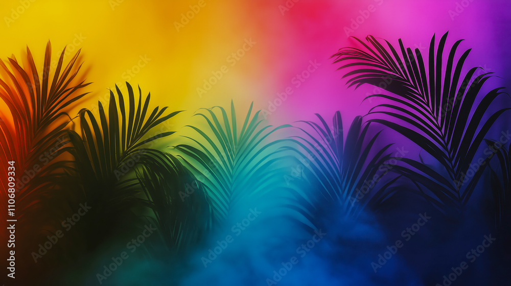 Vibrant Spectrum with Palm Silhouettes Against Colorful Backdrop Vibrant Spectrum with Palm Silhouettes Against Colorful Backdrop