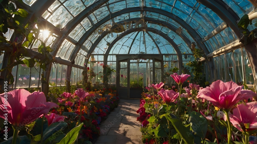 greenhouse with flowers in spring greenhouse with flowers in spring