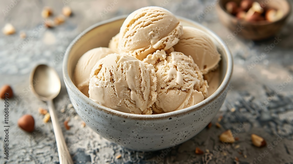 Hazelnut ice cream in a porcelain bowl set on stone table Hazelnut ice cream in a porcelain bowl set on stone table