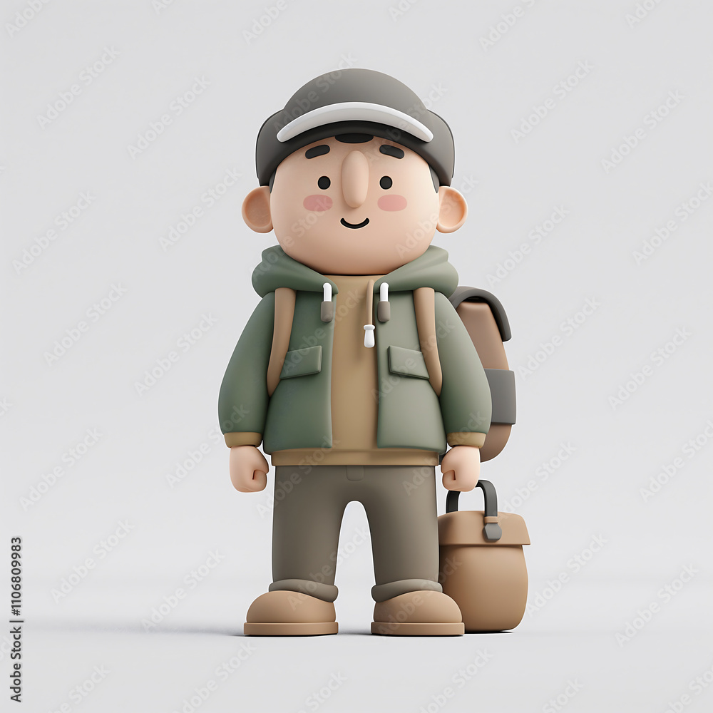 Character depicts an environmental science teacher in relaxed pose, wearing simple outdoor attire in green and brown, showcasing a minimalist design and clean shapes for a modern aesthetic Character depicts an environmental science teacher in relaxed pose, wearing simple outdoor attire in green and brown, showcasing a minimalist design and clean shapes for a modern aesthetic