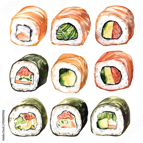 Sushi Rolls watercolor clipart illustration