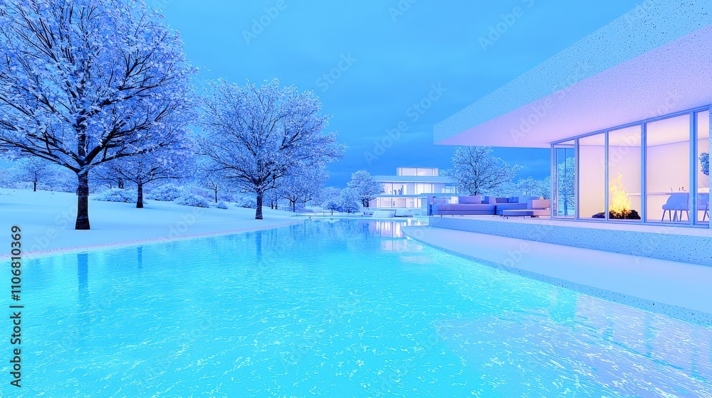 Modern Minimalist Winter Home Luxury Pool Snow Scene Modern Minimalist Winter Home Luxury Pool Snow Scene