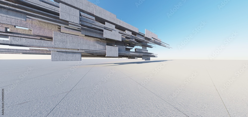 3d render of abstract futuristic architecture with concrete floor.