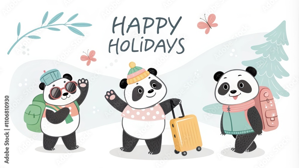 Naklejka premium cute cartoon panda with happy holidays background