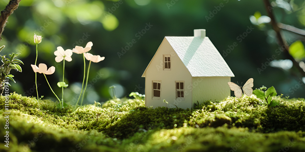 Miniature Eco House Model in a Lush Moss Garden, Concept of Eco-Friendly Living Miniature Eco House Model in a Lush Moss Garden, Concept of Eco-Friendly Living