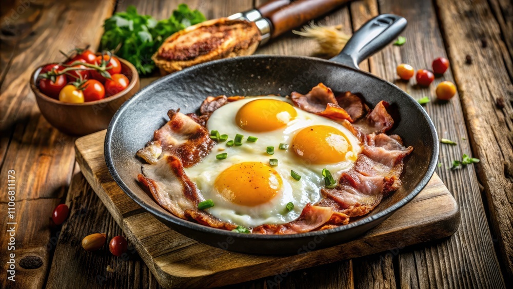 Fried Eggs with Bacon: A Classic Breakfast Delight Captured in Documentary Style, Showcasing Culinary Artistry and Comfort Food in a Rustic Kitchen Setting Fried Eggs with Bacon: A Classic Breakfast Delight Captured in Documentary Style, Showcasing Culinary Artistry and Comfort Food in a Rustic Kitchen Setting
