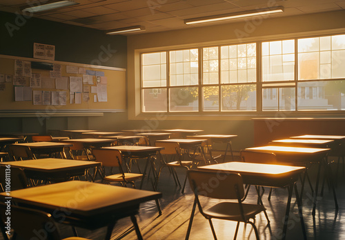 An empty school classroom with sunlight streaming through the windows.