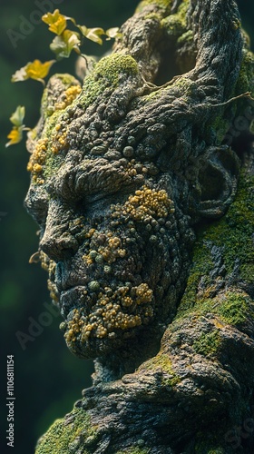 Ancient Stone Face Covered in Moss and Lichen photo