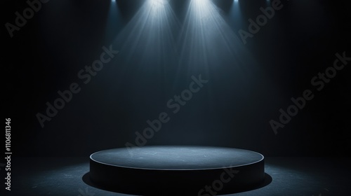 A dimly lit stage with spotlight beams, creating an atmosphere for performance or presentation.