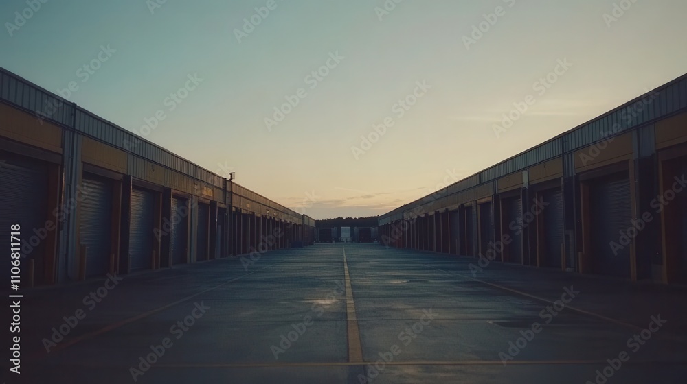 Industrial warehouse at sunset with trucks and empty driveway, commercial transport theme Industrial warehouse at sunset with trucks and empty driveway, commercial transport theme