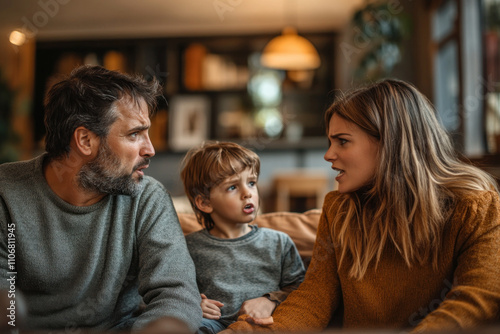 Family on a couch, making eye contact, smiling warmly at each other.