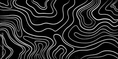Background of white lines. Thin lines, black background, waves, vector graphics, topographic lines, wallpaper with contours, abstract lines