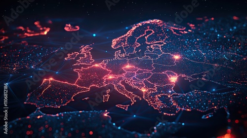 A digital map of Europe with red and blue lines connecting cities, symbolizing global connectivity and data flow