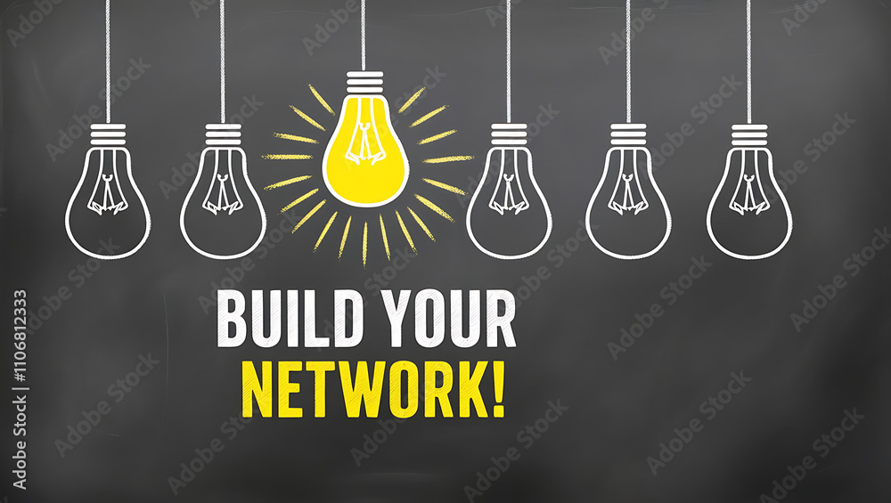 Chalkboard Style Design with Light Bulb Outlines and 'BUILD YOUR NETWORK!' Motivational Text, network growth, building network, network connectivity, digital network, team building Chalkboard Style Design with Light Bulb Outlines and 'BUILD YOUR NETWORK!' Motivational Text, network growth, building network, network connectivity, digital network, team building