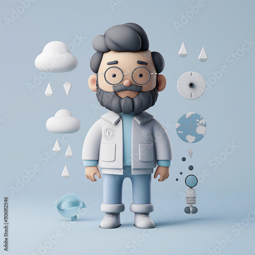 A 3D cartoon meteorology professor stands in a minimalist space surrounded by floating weather maps, clouds, and storm symbols, showcasing a clean blue and gray aesthetic with soft lighting