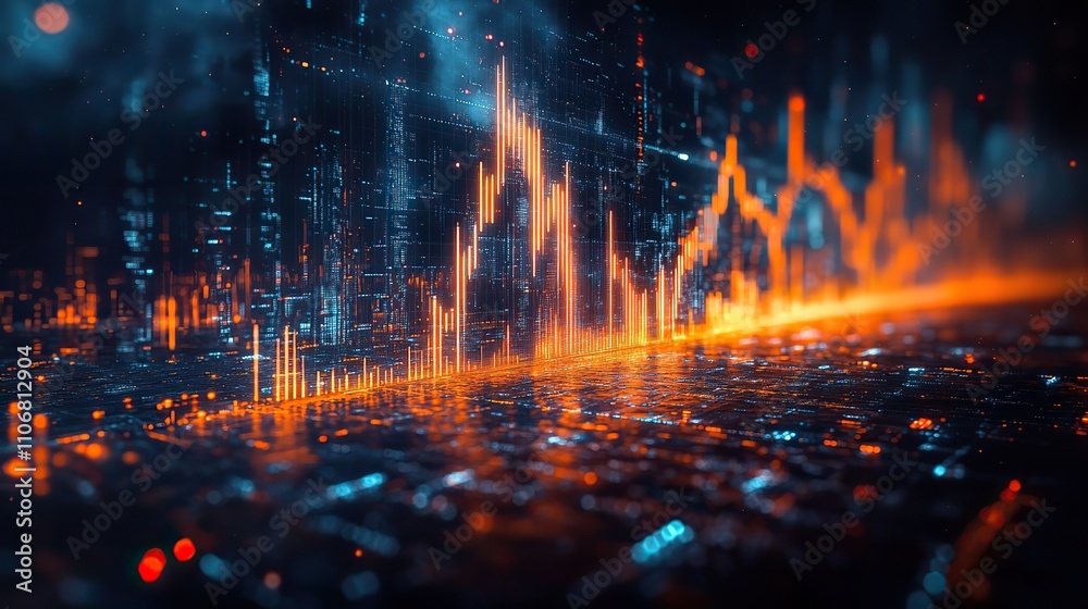 A digital stock market graph with blue and orange lines on a dark background features blurry light effects, representing the dynamic and fluctuating nature of the stock market A digital stock market graph with blue and orange lines on a dark background features blurry light effects, representing the dynamic and fluctuating nature of the stock market