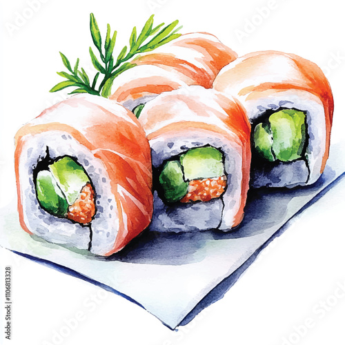 Sushi Rolls watercolor clipart illustration