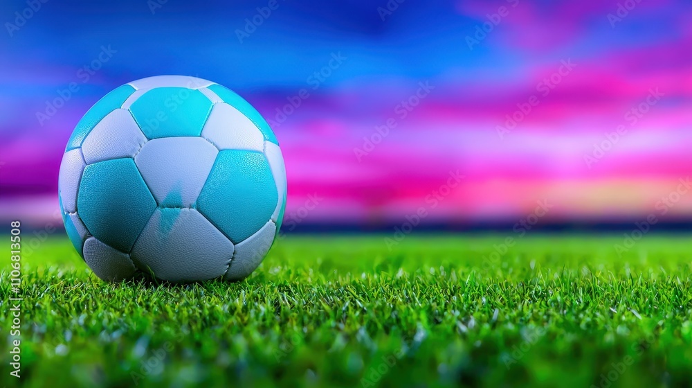 Fototapeta premium Soccer Ball on Grass Colorful Sunset Sports Background