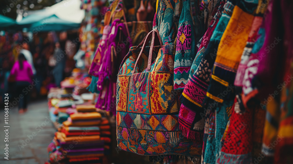 Fototapeta premium Colorful artisan market stall displaying traditional handmade woven textiles