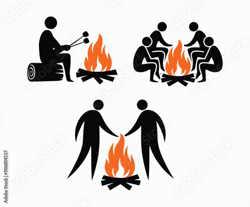 Cozy Bonfire Silhouette with People Vector Template