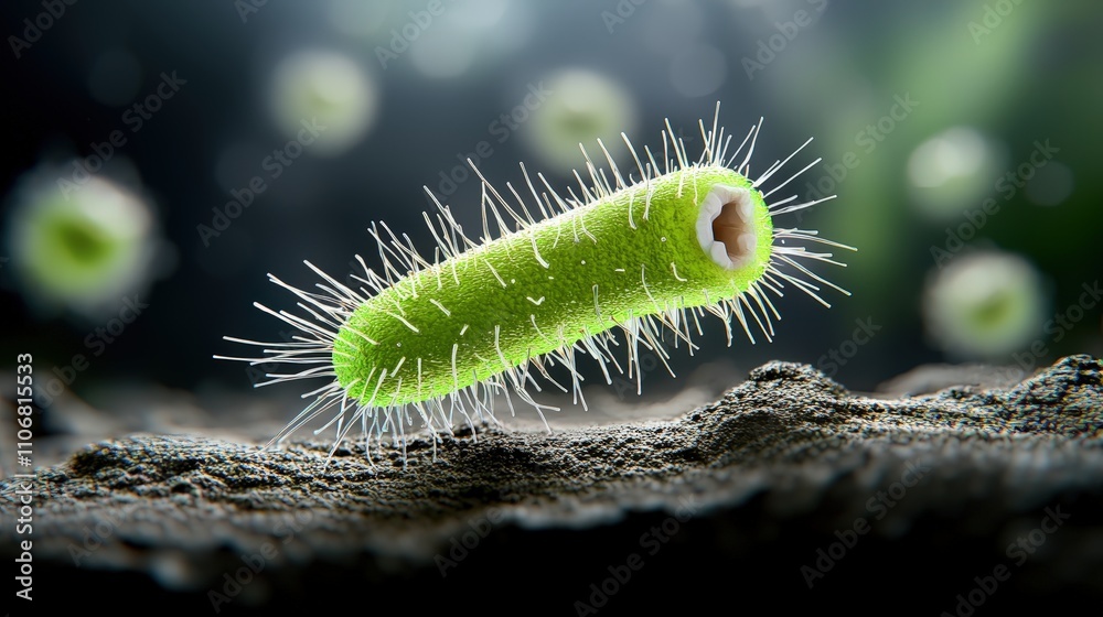 Naklejka premium Microscopic Bacteria Cell 3D Render Green Science Microbiology Illness