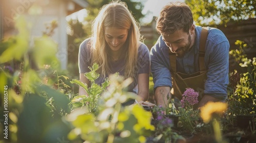 couple working together in their garden, planting or tending to flowers and plants