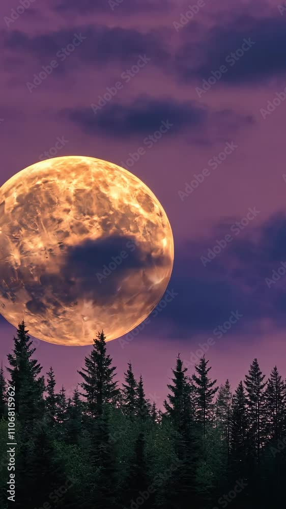 Mesmerizing Full Moon Rising Over a Dense Forest at Dusk, Captivating Nature's Beauty