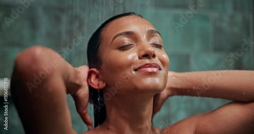 Washing hair, bathroom and Indian woman in shower for cleaning, hygiene or grooming in home. Dermatology, beauty and person with satisfaction, water and daily routine for skincare, wellness or health