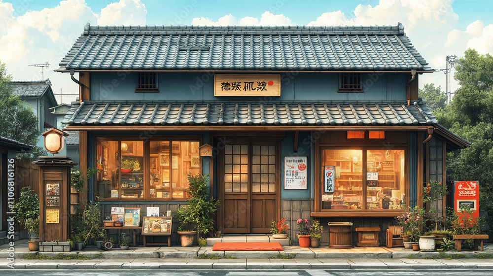 A local Japanese books shop and cafe decorated with Japanese tradition at entrance. A local Japanese books shop and cafe decorated with Japanese tradition at entrance.